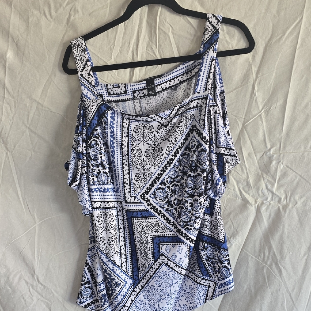 INC International Concepts Navy and White Patchwork Blouse